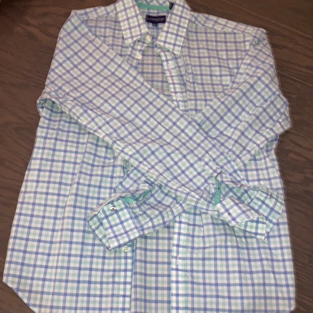 Blue and white plaid dress shirt